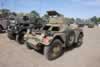 Two Ferret Scout Cars. The olive drab on is a Mark 2 representing a vehicle belonging to 1/15 Royal NSW Lancers and the two tone black and green  version is a Mark 1/2 shown in British Army markings. 